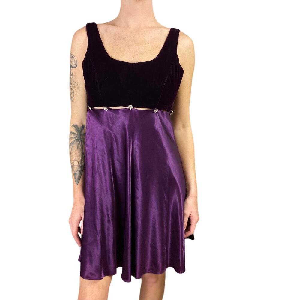 Vintage Purple 90s Y2K Satin Velvet Cutout Rhinestone Low Back Mini Prom Dress